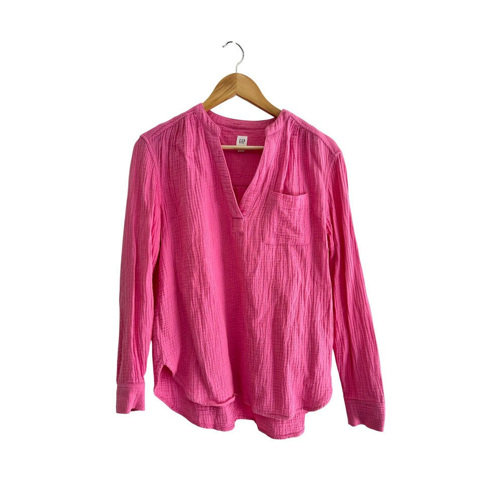 Gap Long Sleeve Gauzy Popover Top Small Blouse Wild Orchid Pink 100% Cotton